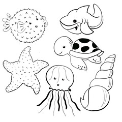 fish, shell, puffer fish, shark, jellyfish and turtle  line art hand draw set elements in minimalist Design illustration foe decoration for wedding or birthday card