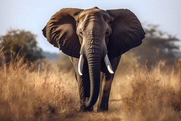 Fototapeta premium African elephant walking in the savannah generative ai illustration