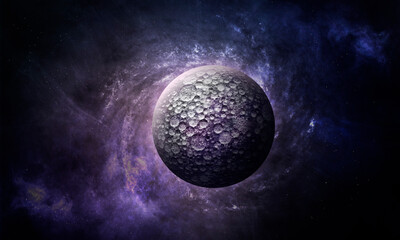 beautiful stone planet in purple tones against the background of space and stars, milky way and nebula, abstract cosmic 3d illustration, background