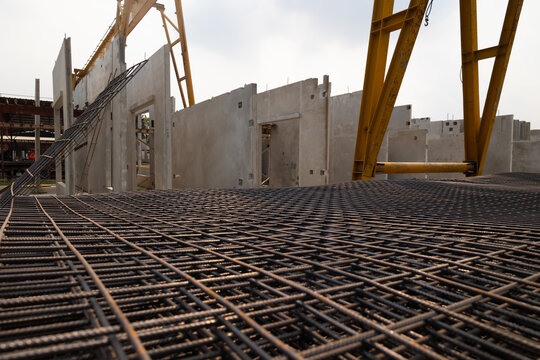 Steel Rebars for reinforced concrete. steel wire mesh for concrete slab reinforcement of construction. Background and banner
