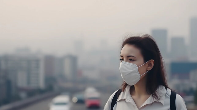 A yong lady standing outside and wearing a face mask to protect against air pollution. Background is blurred city with trong smog. AI generative Image