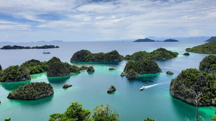 View from the top of the Pianemo Islands, Blue Lagoon with Green Rocks, Raja Ampat, West Papua,...