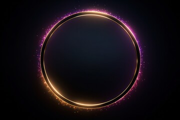 Neon blue pink round frame ring, circle shape glowing light with dark background. 80's retro style, copy space