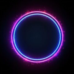 Obraz premium Neon blue pink round frame ring, circle shape glowing light with dark background. 80's retro style, copy space