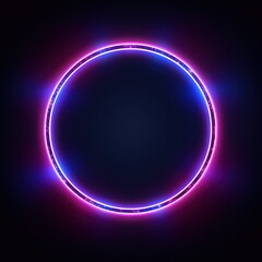 Fototapeta premium Neon blue pink round frame ring, circle shape glowing light with dark background. 80's retro style, copy space