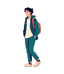 young man walking with backpack and jacket