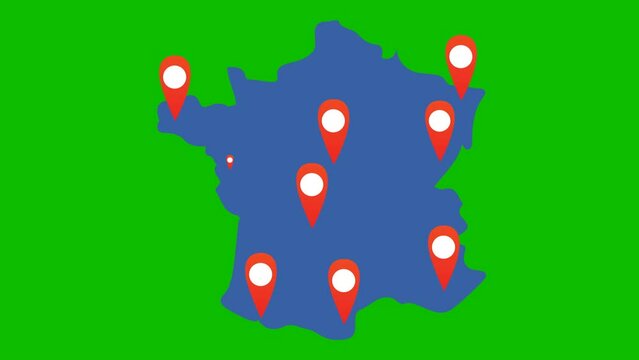 graphic animation of an airplane flying over maps of France towards a destination point 4k video with green screen background