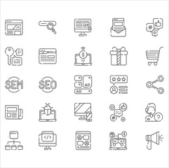 Marketing icon set, outline thin line isolated vector sign symbol. Digital marketing icon set. Containing seo, content, website, social media, sales and online advertising. Solid vector symbol collect