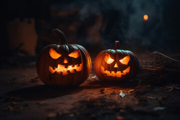 Anthropomorphic pumpkin face with spooky illumination for Halloween celebration.