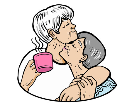 cartoon old couple happily embracing