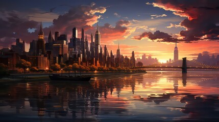 Fototapeta na wymiar Urban Horizon Awash Sunrise Sunset Embracing City Skyline