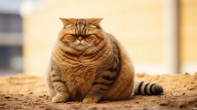 A lazy chubby funny fat cat, obese,overweight pet looking angry at camera copy space, medical health concept animals