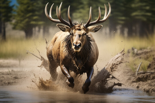 Closeup shot of a moose running - Generative AI
