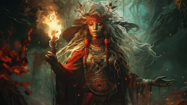 shaman woman in the forest performs a ritual