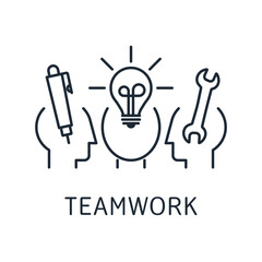 Successful work in a team. Distribution of tasks, labor, responsibility.Vector linear icon isolated on white background.
