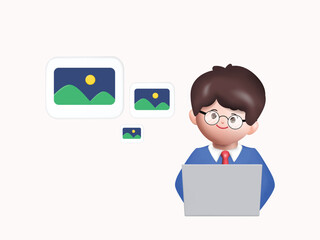 3D man AI chat bot on computer generate images on big cloud. Concept Artificial intelligence application services. 3D vector rendering.