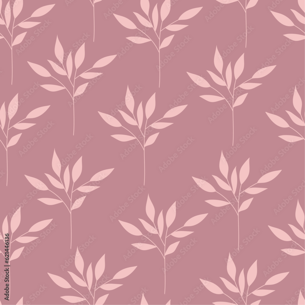 Wall mural Monochrome botanical background. Pink leaf silhouette in a simple flat style. Abstract seamless pattern. Hand-drawn organic branches and leaves. Vector design.