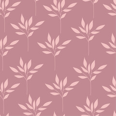 Fototapeta na wymiar Monochrome botanical background. Pink leaf silhouette in a simple flat style. Abstract seamless pattern. Hand-drawn organic branches and leaves. Vector design.