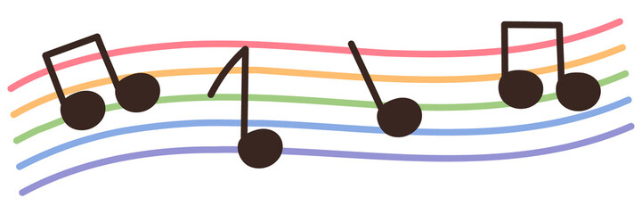 Cute rainbow sheet music and illustration of musical notes.