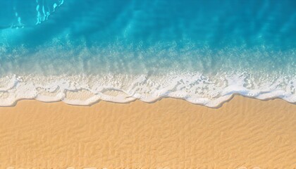 Fototapeta na wymiar Sand beach with light blue transparent water wave and sun lights, coast surf, AI Generated
