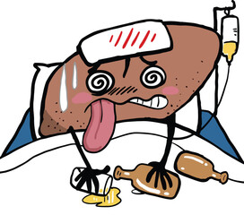 The concept of human liver damage. Health. Fat, fibrosis, cirrhosis. Liver disease. Illustration. Isolated in flat style on white background.