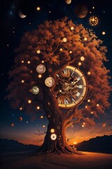 Tree of Clock. World of clock. clocks hanging from twisted tree branches against a backdrop of a starry night sky. Generative AI.