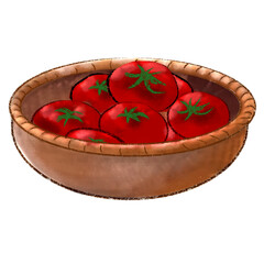 A Round, Low, Brown, Woven Basket Containing Red Tomatoes