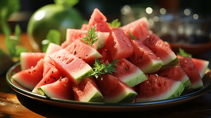 Taste of Summer: Watermelon Slices Positioned Amidst the Restaurant's Luxurious Interior Setting