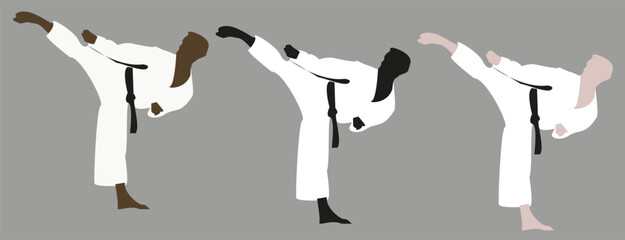 Vector karate man icon set on a grey background. Man in uniform posing with black belt. Sport athletes. Taekwando.  - obrazy, fototapety, plakaty