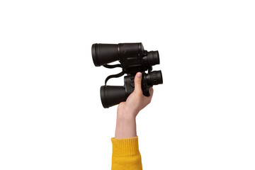 binoculars in hand isolated on transparent background, search concept.