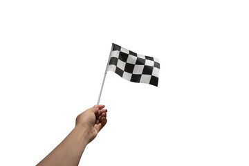hand holding a checkered flag  isolated on transparent background