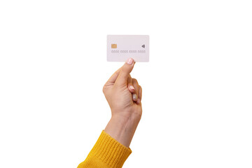 white credit card in female hand, card with electronic chip isolated on transparent background