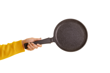 granite pan for pancakes in hand isolated on transparent background