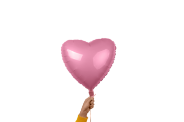 pink foil balloon in shape of heart in hand isolated on transparent background