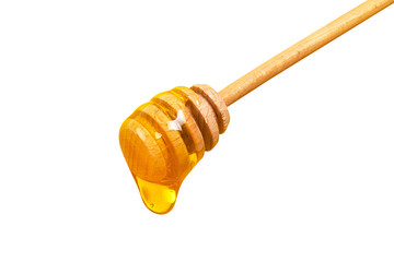Honey dripping from honey dipper isolated on transparent background. Thick honey dipping from the wooden honey spoon. Healthy food and diet concept - 621449148