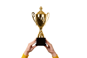 female hands holding golden trophy  isolated on transparent background - 621449156