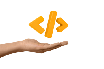 Programming 3d render code icon.  Programming code symbol in hand isolated on transparent background, Coding or Hacker background. Development and software concept.