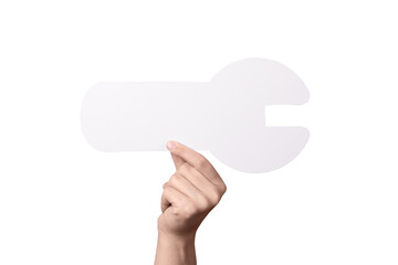 hand holding white wrench, repair sign in hand isolated on transparent background