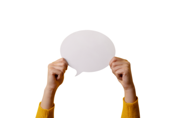 Dialogue icon, blank speech bubble in hand isolated on transparent background