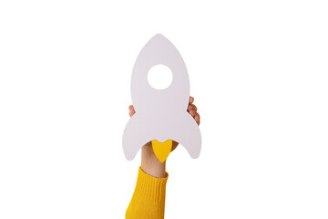 rocket in hand isolated on transparent background, startup business idea - 621449183