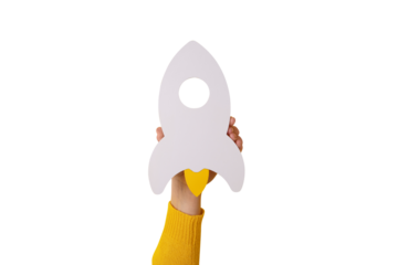 rocket in hand isolated on transparent background, startup business idea