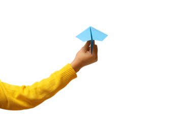 hand holding paper plane isolated on transparent background