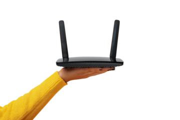 black wifi router on female hand isolated on transparent background