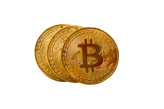 golden bitcoin isolated on transparent background, cryptocurrency concept