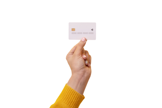white credit card in female hand, card with electronic chip isolated on transparent background