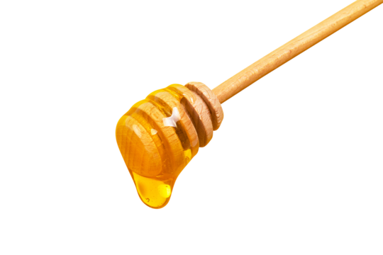 Honey dripping from honey dipper isolated on transparent background. Thick honey dipping from the wooden honey spoon. Healthy food and diet concept