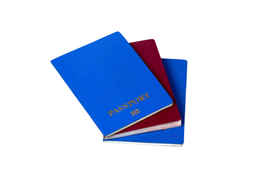 three passports isolated on transparent background,  concept travel around the world