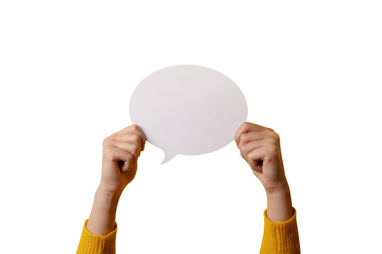 Dialogue icon, blank speech bubble in hand isolated on transparent background