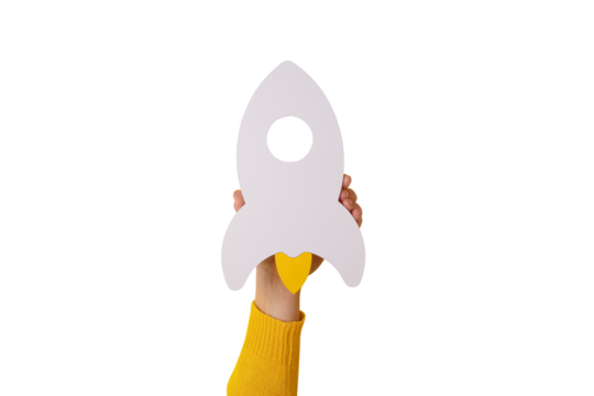 rocket in hand isolated on transparent background, startup business idea