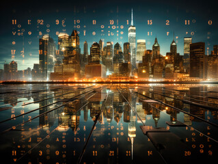 Financial stock market numbers with a reflection of city lights. Generative AI..